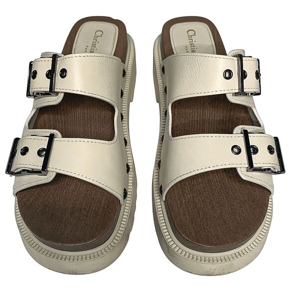Christian Dior Diorquake Buckle Platform Slip On Wood Sandals Leather EU 38 US 8 - Picture 2 of 10